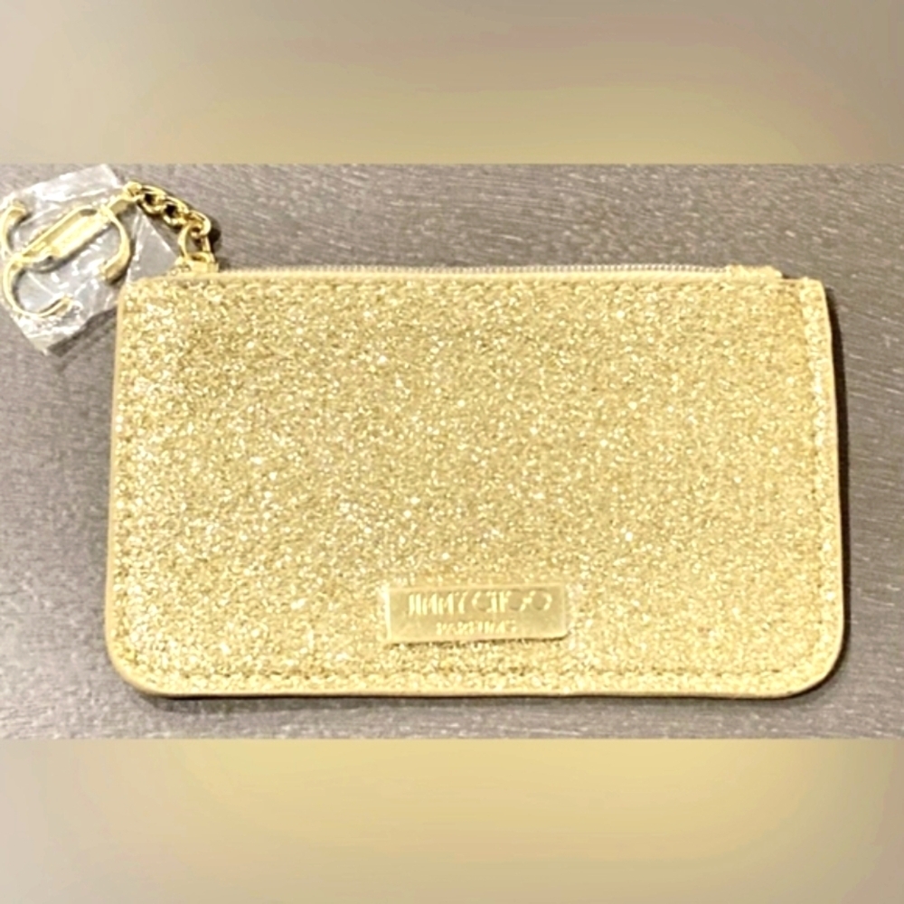 NWOT Jimmy Choo Gold Glitter Zipper Coin Card Pouch NEW